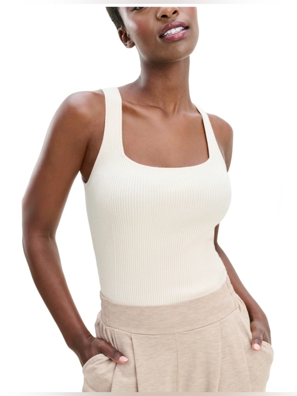 Splendid Cream Ribbed Square-Neck Tank Top worn 1 x SZ L Great Condition
